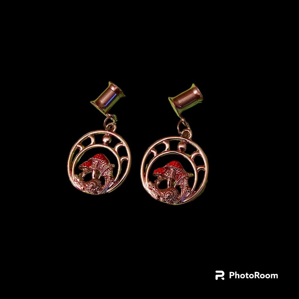 2 Guage Tunnels Guage Dangle Mushroom Earrings